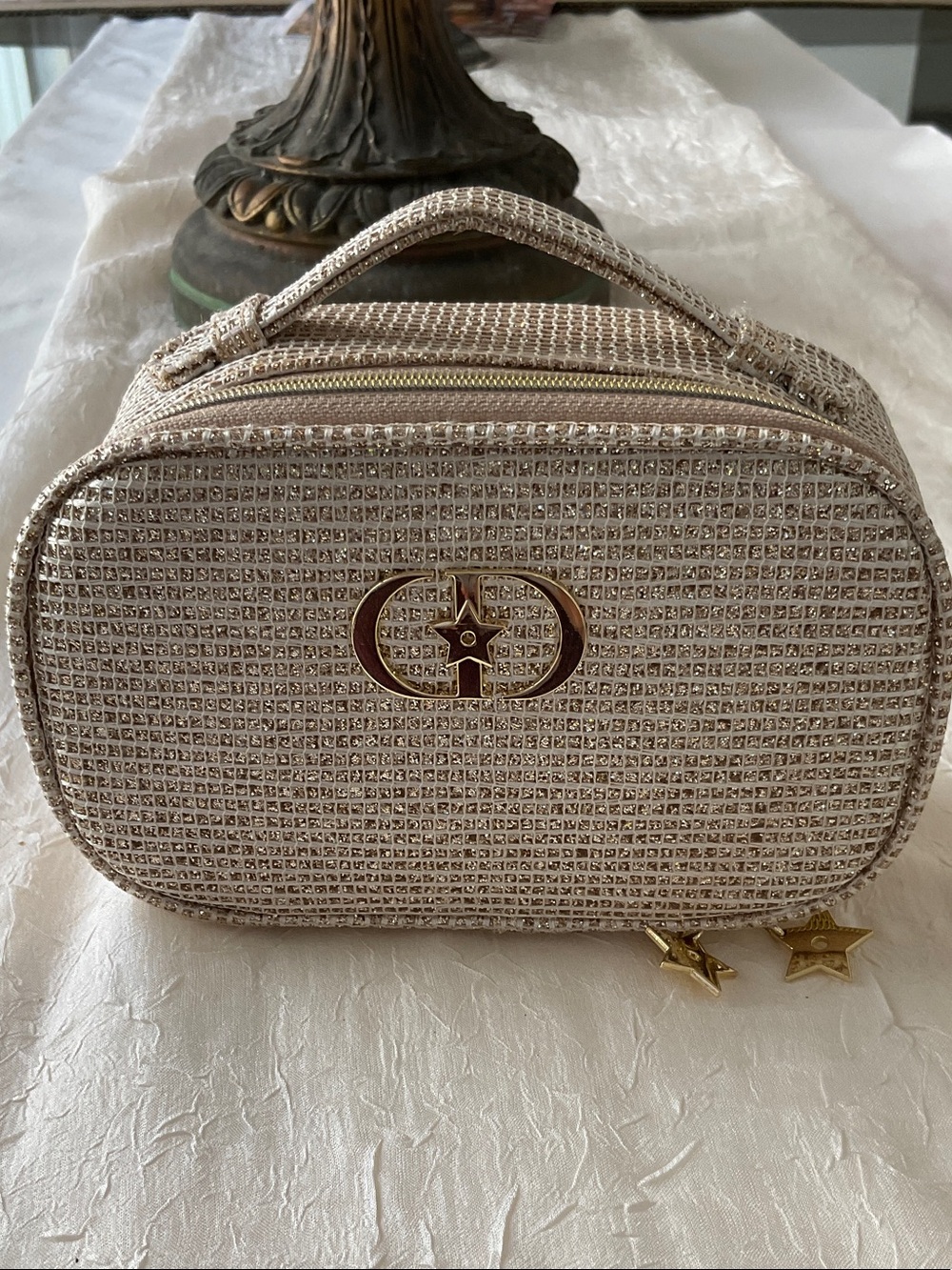 Christian Dior Crystal-Embellished Beige and GoldCosmetic Case with Gold Accents
